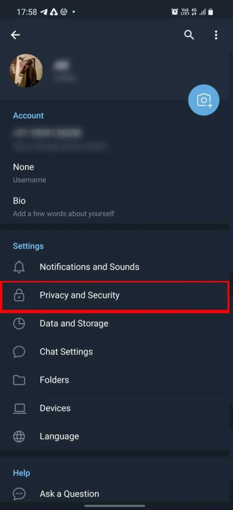 انتخاب گزینه حریم خصوصی در تلگرام